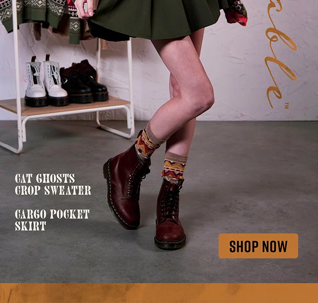 Product shown: Cat Ghosts Crop Sweater and Cargo Pocket Skirt