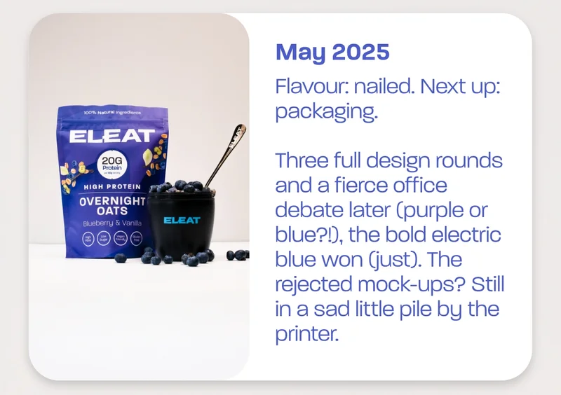 May 2025 - Flavour: nailed. Next up: packaging.  Three full design rounds and a fierce office debate later (purple or blue?!), the bold electric blue won out (just). The rejected mock-ups? Still in a sad little pile by the printer.