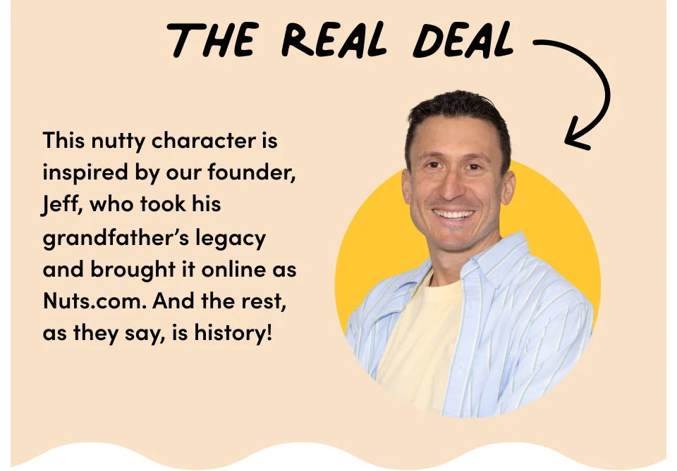 The real deal – This nutty character is inspired by our founder, Jeff, who took his grandfather’s legacy and brought it online as Nuts.com. And the rest, as they say, is history!