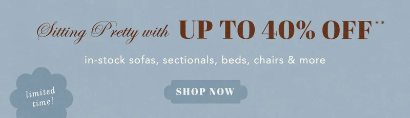 sitting pretty with up to 40% off, in stock sofas, sectionals, beds, chairs and more, shop now, limited time