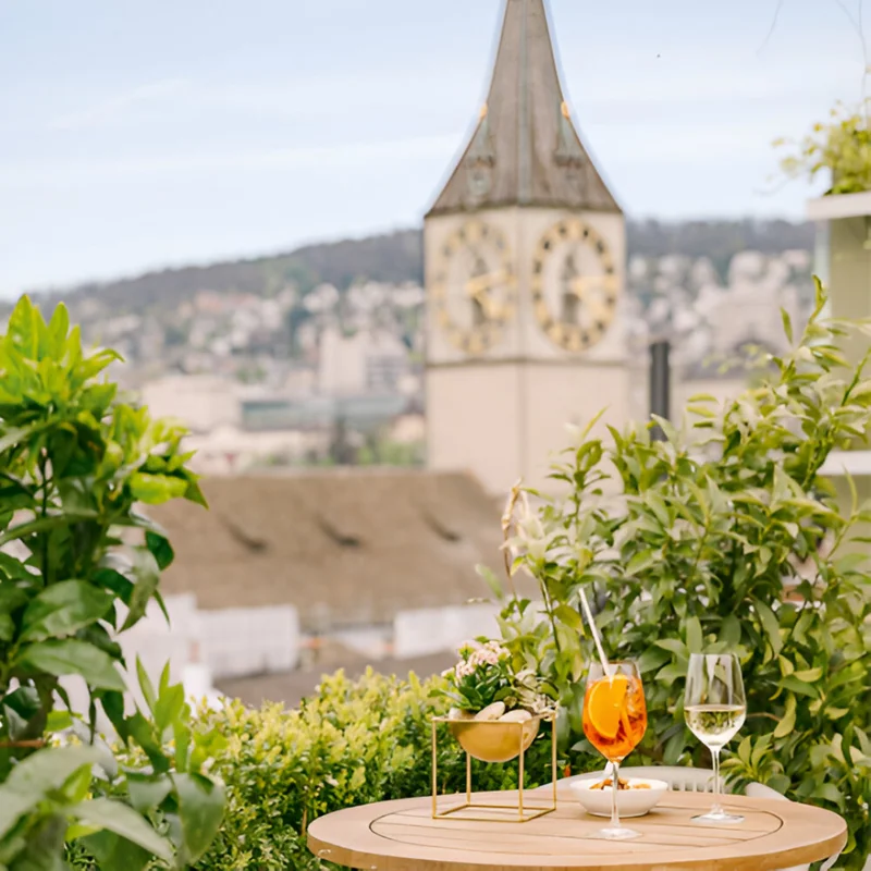 A view of Zurich all of its church spires from a rooftop.