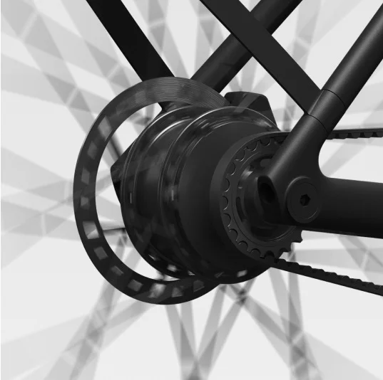 A render. Close-up of the rear hub and belt drive of a Cowboy e-bike.