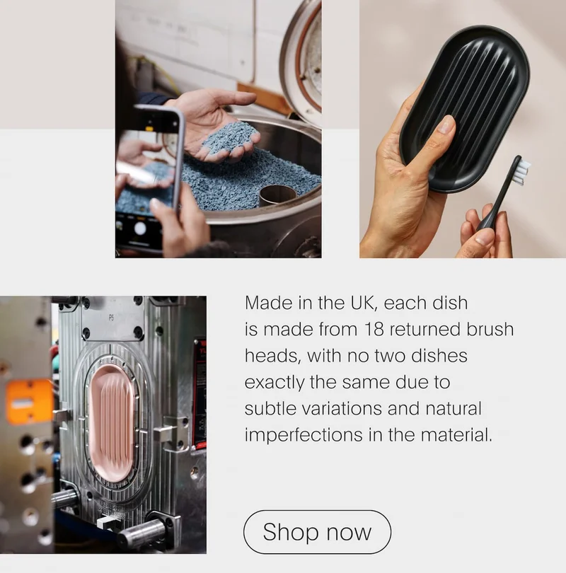 made in the uk, each dish is made from 18 returned brush heads, with no two dishes exactly the same due to subtle variations and natural imperfections in the material. - shop now