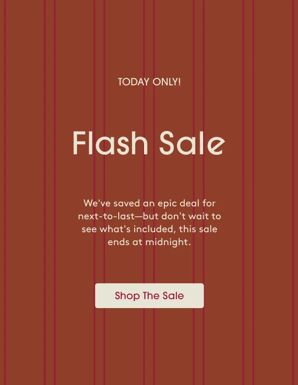 TODAY ONLY! Flash Sale: We've saved an epic deal for next-to-last. This sale ends at midnight - Shop The Sale