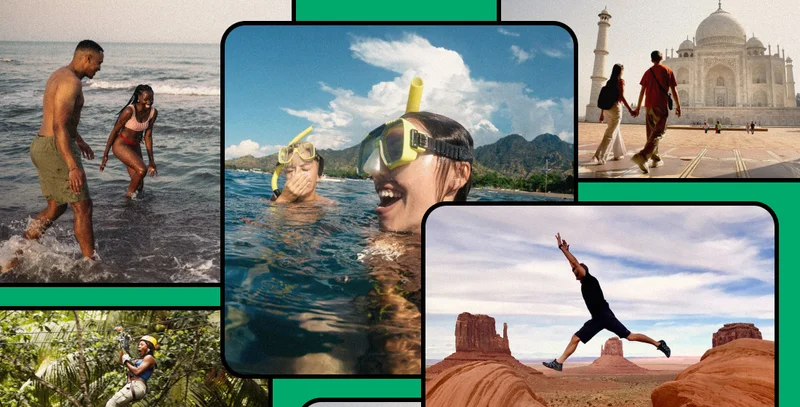 Image description: Collage of various travel photos, including: two women snorkeling in the ocean, a man jumping mid-air across red rocks, a man and woman in the ocean, a woman ziplining in the jungle, and a young couple visiting a temple.