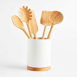 Crate & Barrel Olivewood Utensils with Holder, Set of 6