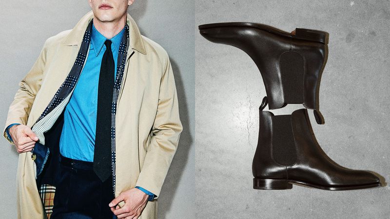 Diptych collage of a model wearing work clothes and of a pair of boots arranged on the floor.