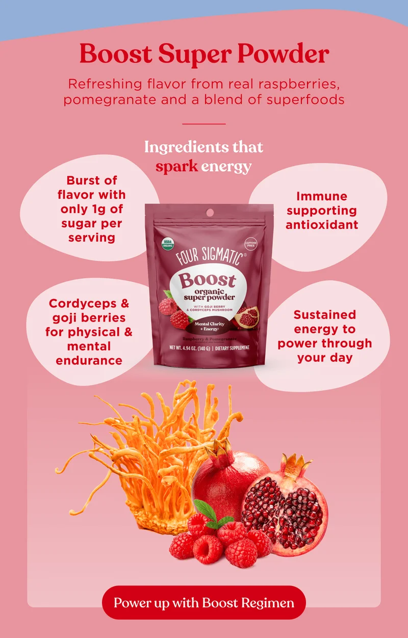 Boost Super Powder | Refreshing flavor from real raspberries, pomegranate and a blend of superfoods | Ingredients that spark energy | Burst of flavor with only 1g of sugar per serving | Immune supporting antioxidant | Cordyceps & goji berries for physical & mental endurance | Sustained energy to power through your day | Power up with Boost Regimen