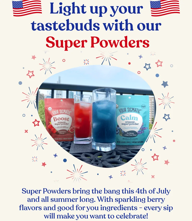 Light up your tastebud with our Super Powders | Super Powders bring the bang this 4th of July and all summe rlong. With sparkling berry flavors and good for you ingredients - every sip will make you want to celebrate!