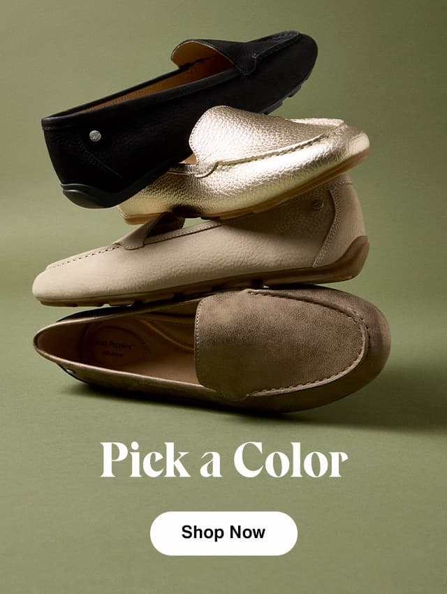 A muted green background with a stack of the Ozzie Loafer in four colors.  The email says Pick a Color Shop Now