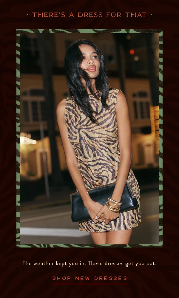 there's a dress for that, the weather kept you in, these dresses get you out. shop new dresses