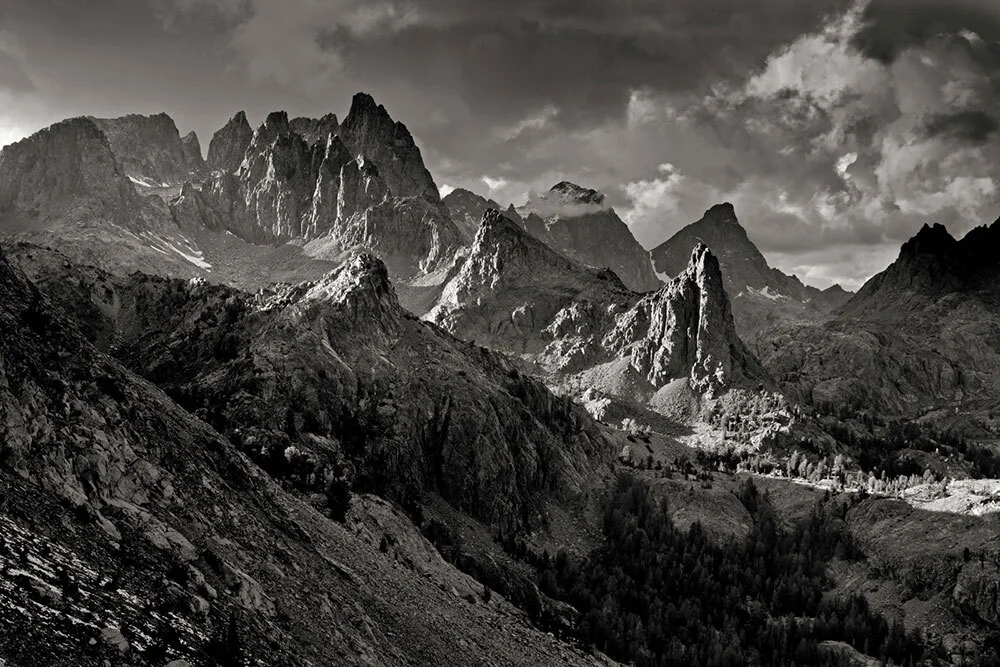 Rocky spires known as the Minarets rise above 12,000 feet in the Ansel Adams Wilderness