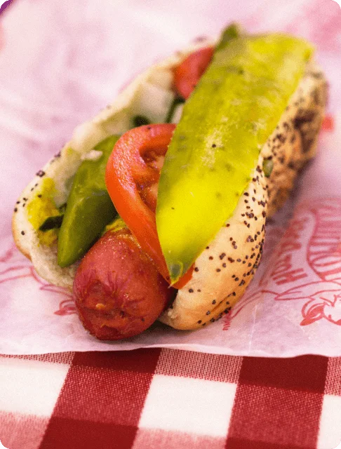 Image Description: Close-up of a Chicago hot dog with pickle spears, tomatoes, and sport peppers