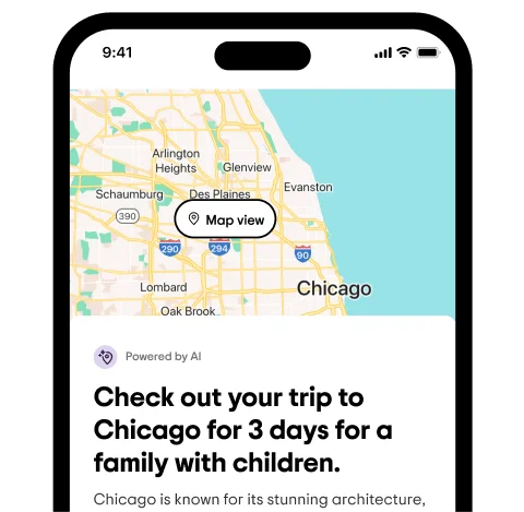 Image Description: A phone screen showing an AI-generated three-day itinerary with a map, titled “Check out your trip to Chicago for 3 days for a family with children.”