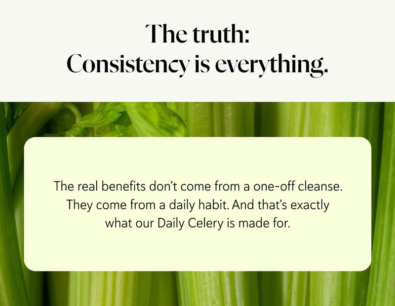 The truth: Consistency is everything.  The real benefits don’t come from a one-off cleanse. They come from a daily habit. And that’s exactly what our Daily Celery is made for.