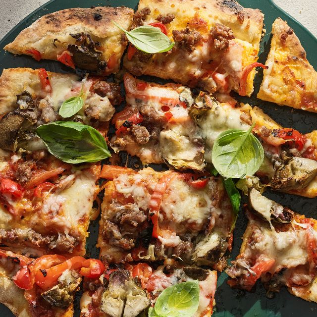 sausage, red pepper and artichoke pizza party