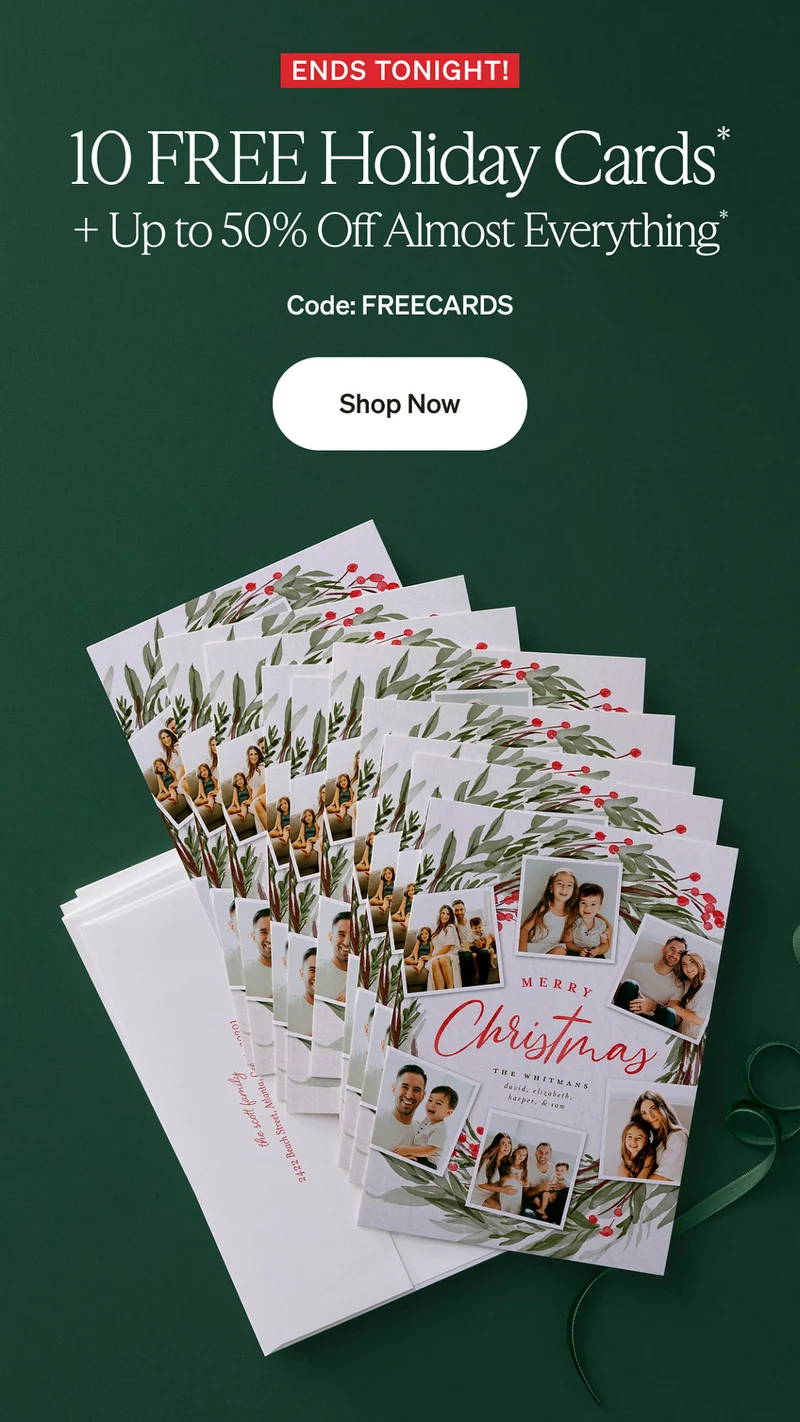 10 Free Holiday Cards + Up to 50% Off Almost Everything
