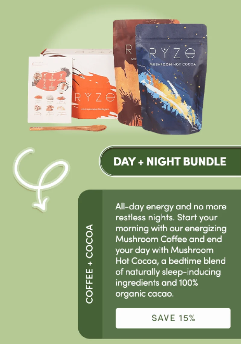 Day + Night Bundle | All-day energy and no more restless nights. Start your morning with our energizing Mushroom Coffee and end your day with Mushroom Hot Cocoa, a bedtime blend of naturally sleep-inducing ingredients and 100% organic cacao. | Save 15% | Coffee + Cocoa