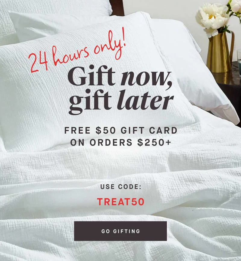 24 hours only! Gift now, gift later  Free $50 gift card on orders $250+  Use code TREAT50 -- GO GIFTING