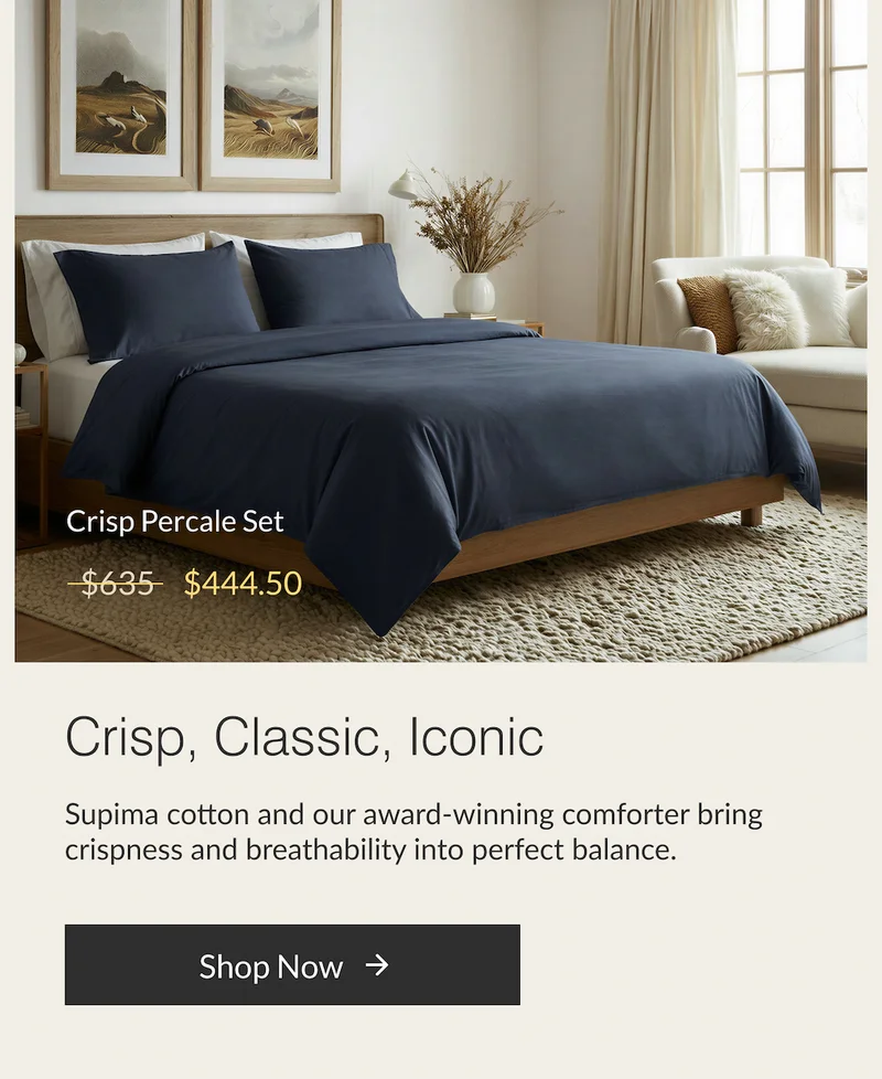 Buffy Crisp Percale Set with Supima cotton bedding offering breathable, classic sleep comfort.