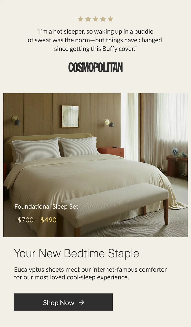 Buffy Foundational Sleep Set combining eucalyptus sheets and comforter for a cool-sleep upgrade.