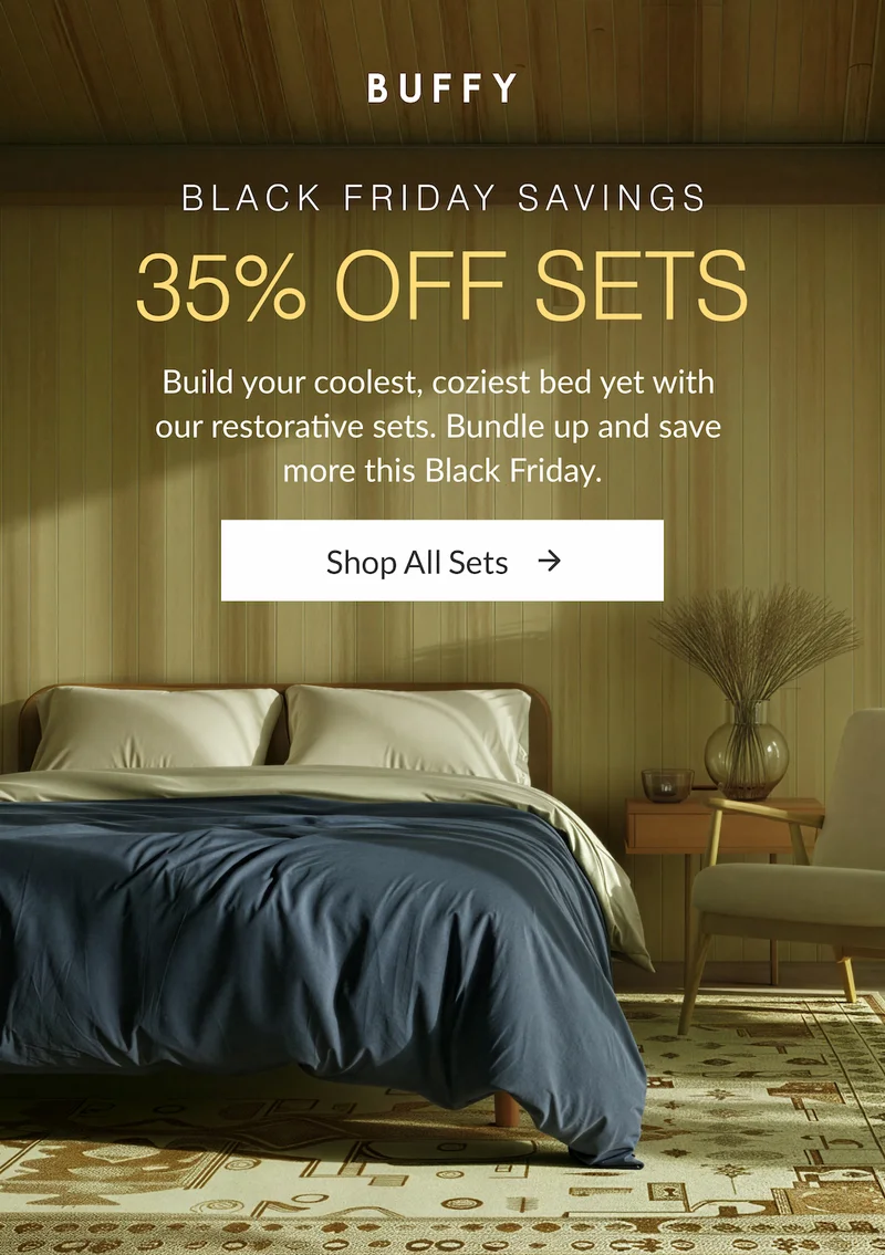 Buffy sleep event, featuring cooling bedding and restorative comfort.
