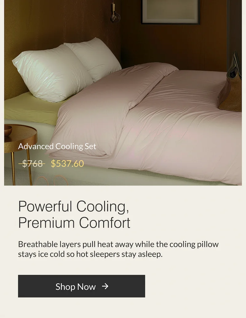 Buffy Advanced Cooling Set designed for hot sleepers with breathable, temperature-regulating layers.