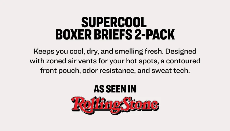 SuperCool  Boxer Briefs 2-pack Keeps you cool, dry, and smelling fresh. Designed with zoned air vents for your hot spots, a contoured front pouch, odor resistance, and sweat tech. As seen in Rolling Stone