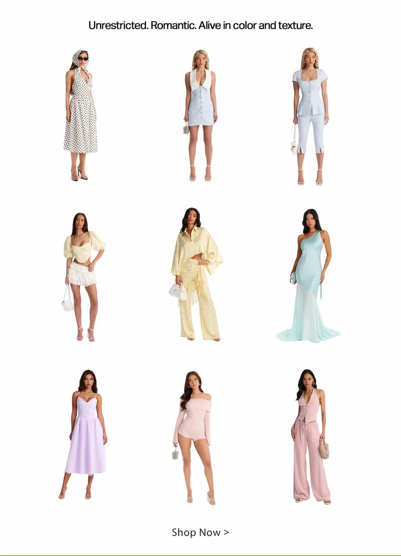 Nine models showcase a romantic new fashion collection. Diverse stylish outfits feature soft colors, varied textures, including dresses and sets. Shop new arrivals.