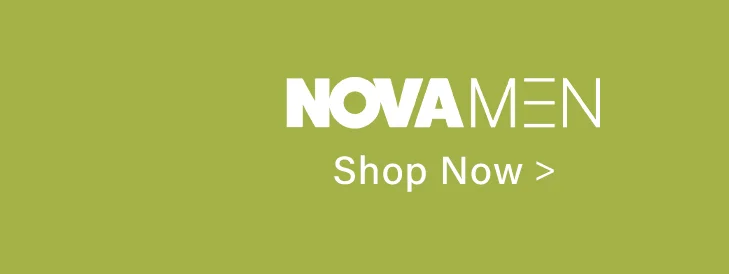 Olive green banner featuring 'NOVA MEN' in bold white text and 'Shop Now >' below it. Discover the latest men's fashion collection.