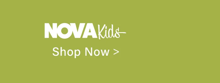 White NOVA Kids logo and "Shop Now >" text on a solid green background, promoting the latest children's fashion collection.