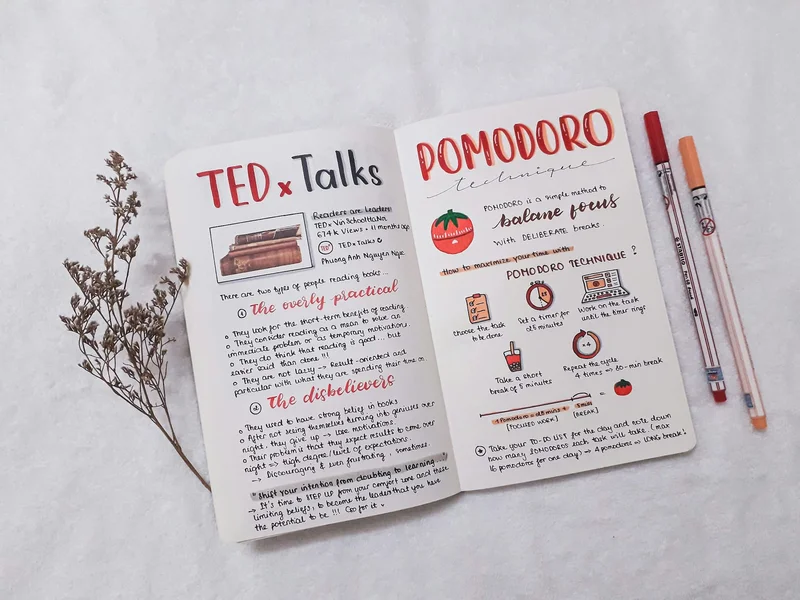Image of a notebook open with notes talking about the Pomodoro Technique.