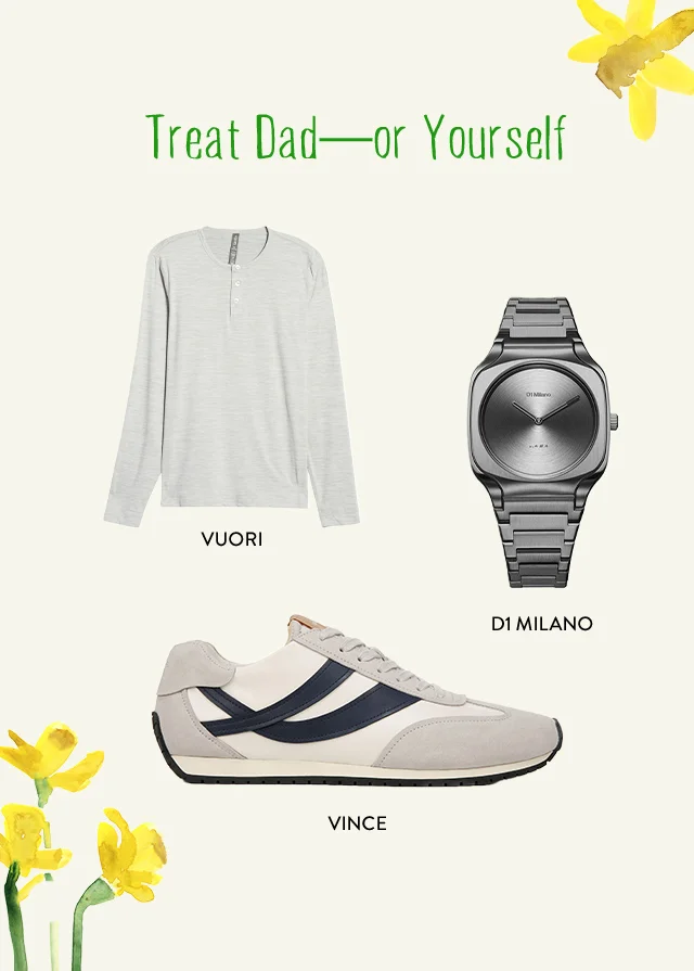 Vuori sweater; D1 Milano watch; Vince sneakers.