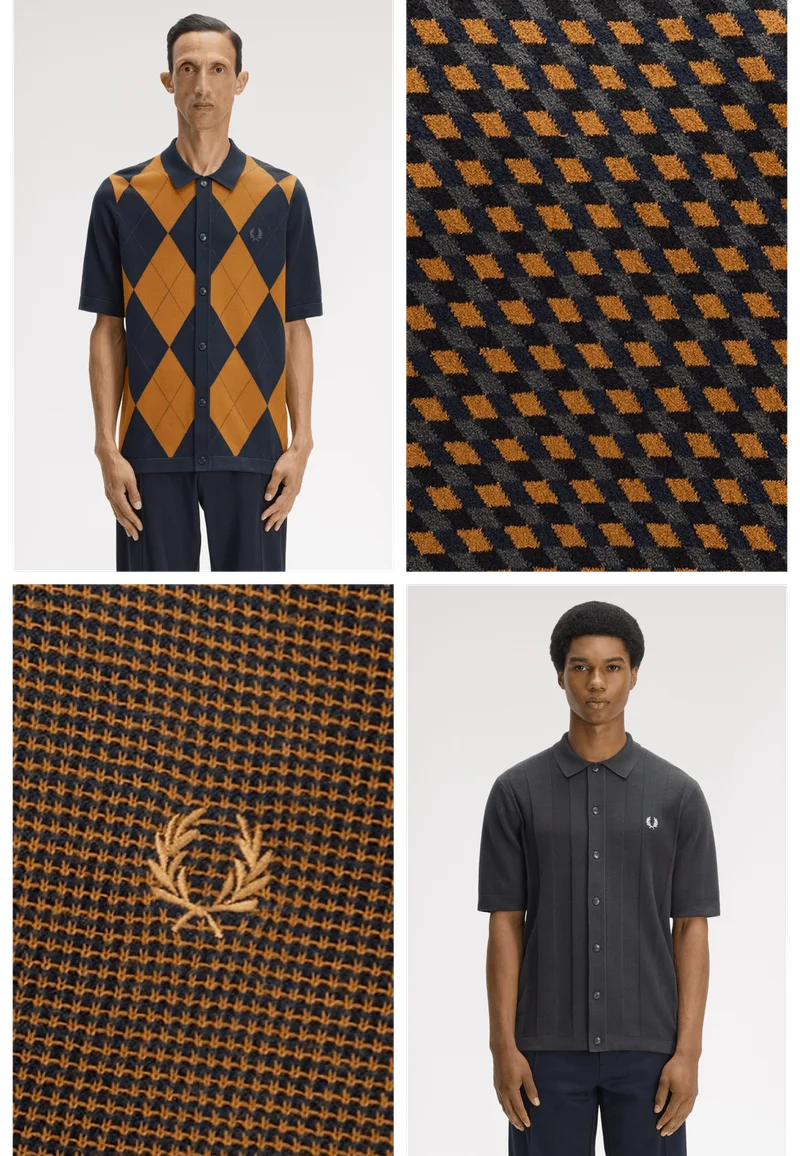 Two Fred Perry Knitted Shirts and two close up shots of the knitted patterns