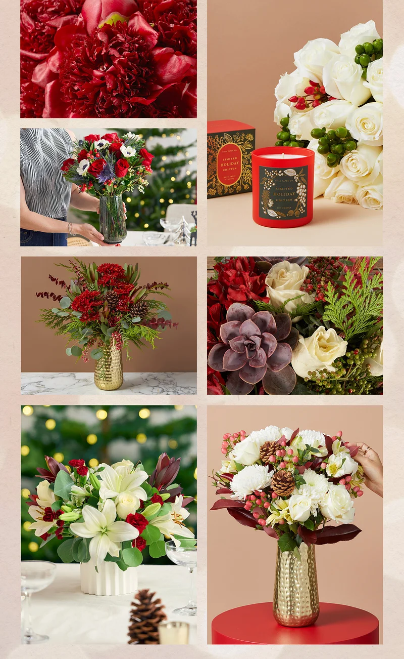 Images featuring the following holiday returners: Holiday Peonies, Santa Tell Me, Holiday Light, Into The Woods, Pepperberry, Sleigh My Name, and Snowcap