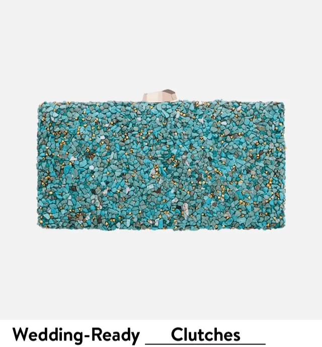 A turquoise clutch, sparkly earrings, crystal-accented bag and pink beaded necklace.