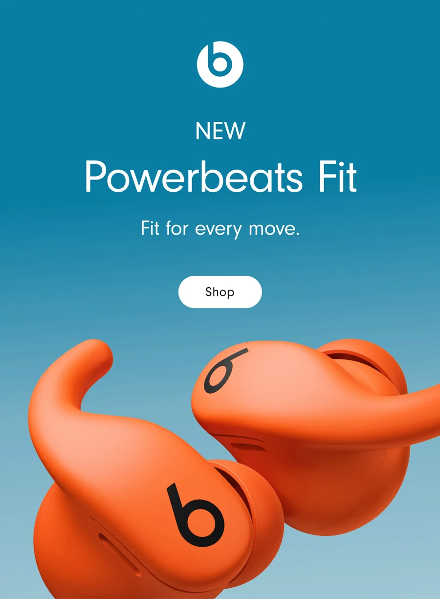 Floating Powerbeats Fit earbuds showing the Beats logo and wingtips