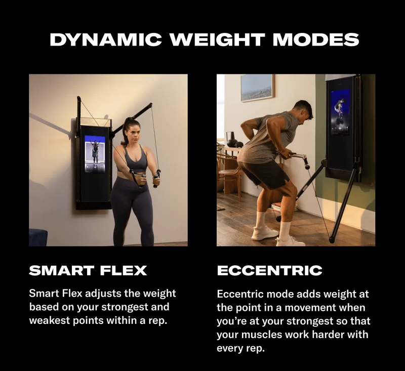 Dynamic Weight Modes. HEADLINE: SMART FLEX. BODY: Smart Flex adjusts the weight based on your strongest and weakest points within a rep. HEADLINE: ECCENTRIC. BODY: Eccentric mode adds weight at the point in a movement when you're at your strongest so that your muscles work harder with every rep.