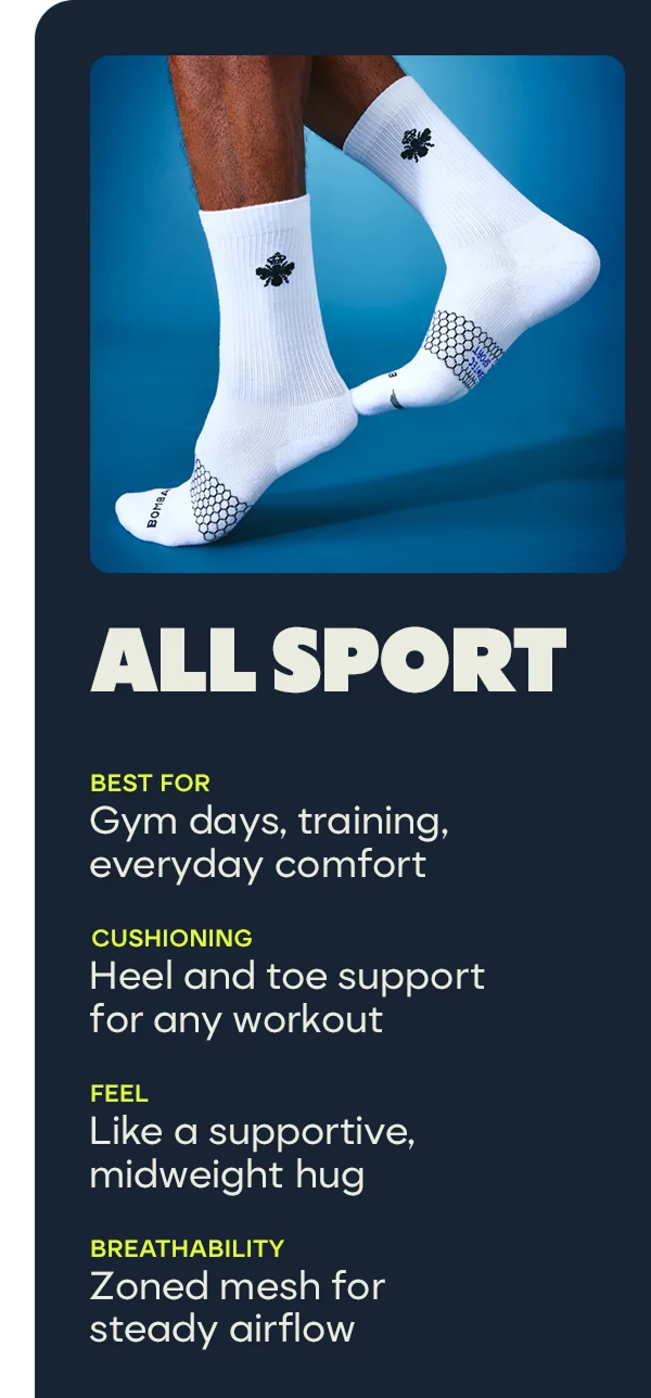 ALL SPORT | BEST FOR Gym days, training, everyday comfort | CUSHIONING | Heel and toe support for any workout | FEEL | Like a supportive, midweight hug | BREATHABILITY | Zoned mesh for steady airflow