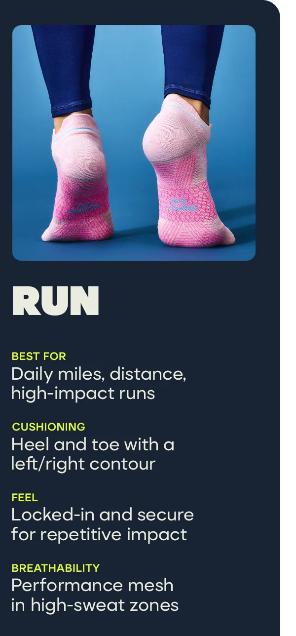 RUN | BEST FOR Daily miles, distance, high-impact runs | CUSHIONING | Heel and toe with a left/right contour | FEEL | Locked-in and secure for repetitive impact | BREATHABILITY | Performance mesh in high-sweat zones