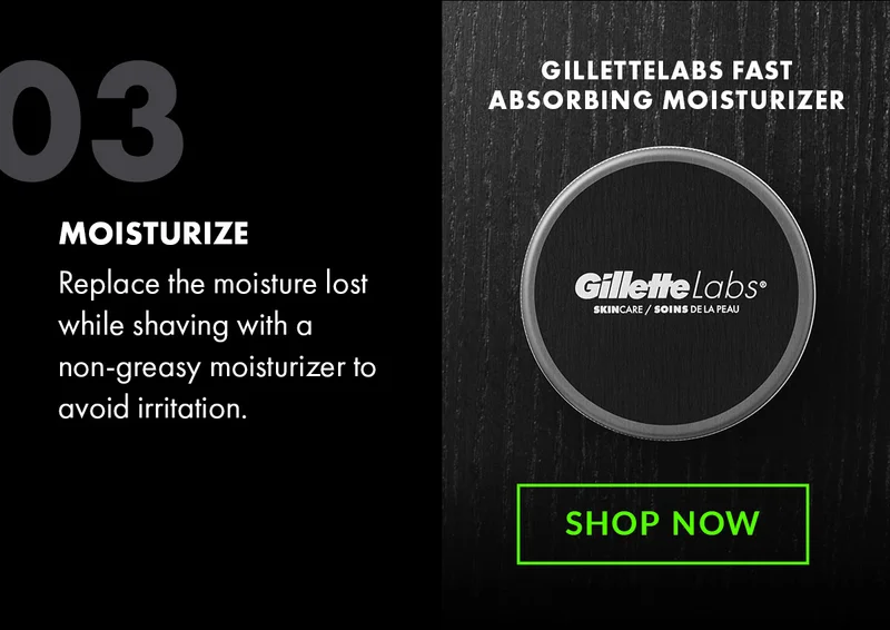 03 - MOISTURIZE - Replace the moisture lost while shaving with a non-greasy moisturizer to avoid irritation. GilletteLabs Fast Absorbing Moisturizer. Shop Now
