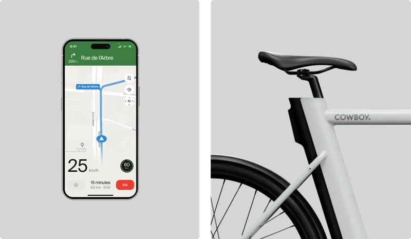 A photograph render of the Cowboy app and the removable battery