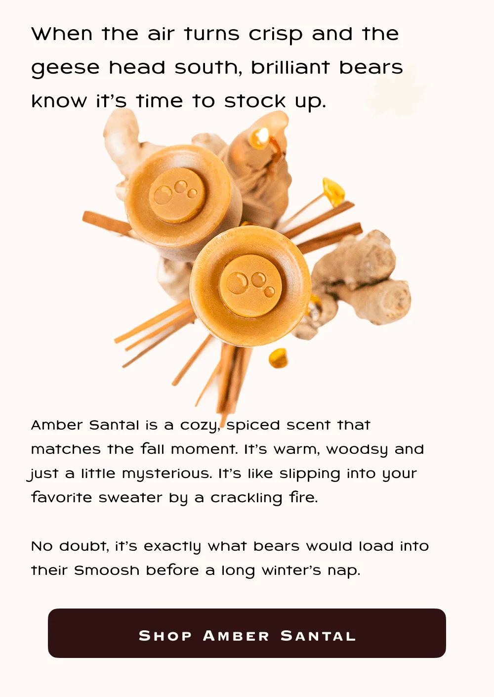When the air turns crisp and the geese head south, brilliant bears know it’s time to stock up. Amber Santal is a cozy, spiced scent that matches the fall moment. It’s warm, woodsy and just a little mysterious. It’s like slipping into your favorite sweater by a crackling fire.   No doubt, it’s exactly what bears would load into their Smoosh before a long winter’s nap.