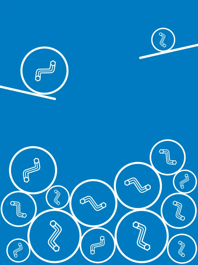 A pile of white circles containing white Allen key icons, over a blue background.