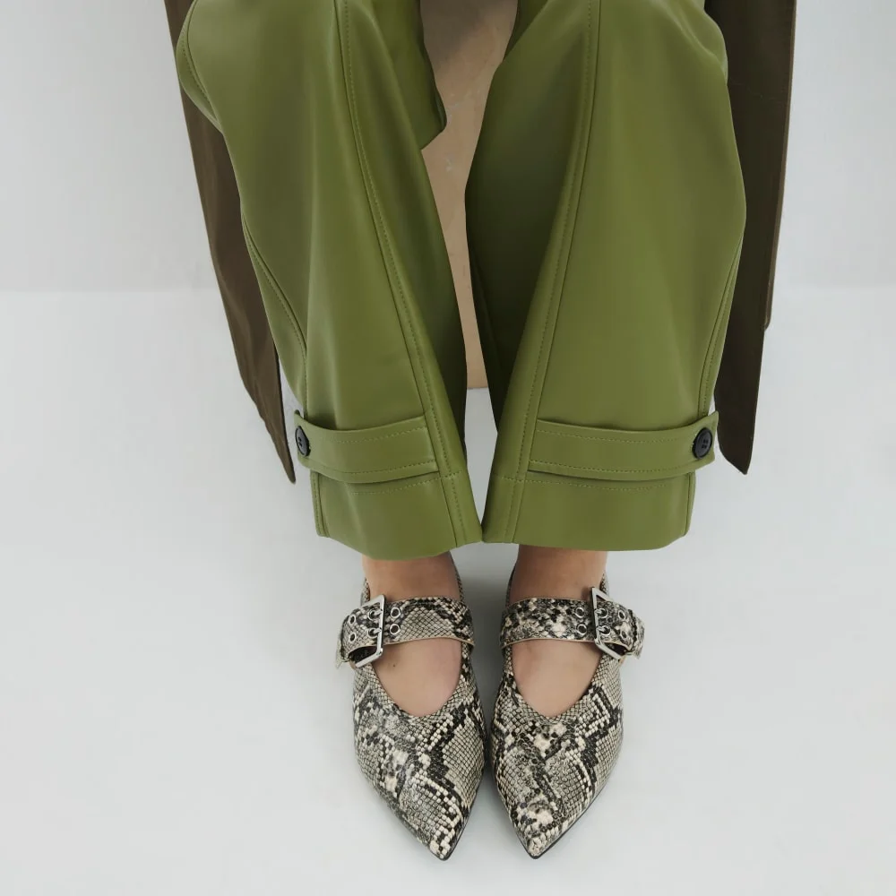Womens Grey Snake Print Pointed Mary Jane Shoes