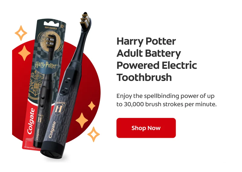 A product spotlight with an image of the Harry Potter Adult Battery Powered Electric Toothbrush and text