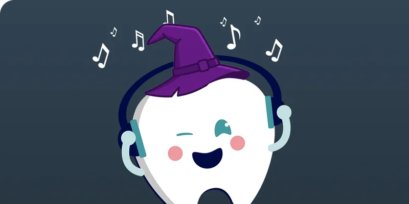 An animated tooth smiles and dances to music while wearing a wizard hat and headphones.
