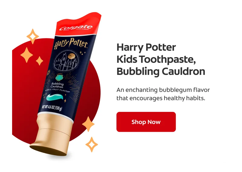 A product spotlight with an image of the Harry Potter Kids Toothpaste, Bubble Cauldron and text