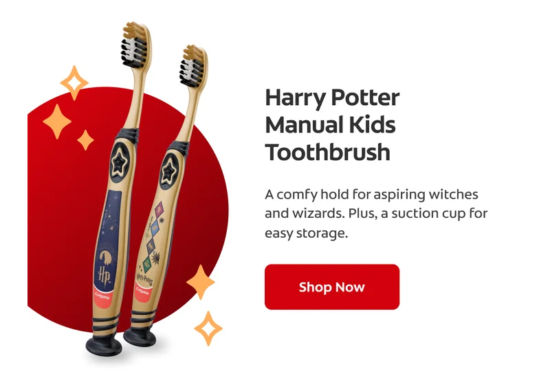 A product spotlight with an image of the Harry Potter Manual Kids Toothbrush and text