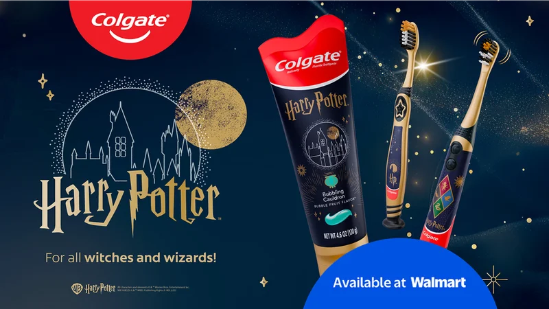 Harry Potter-themed Colgate toothbrush and toothpaste on blue background with stars and Harry Potter logo.